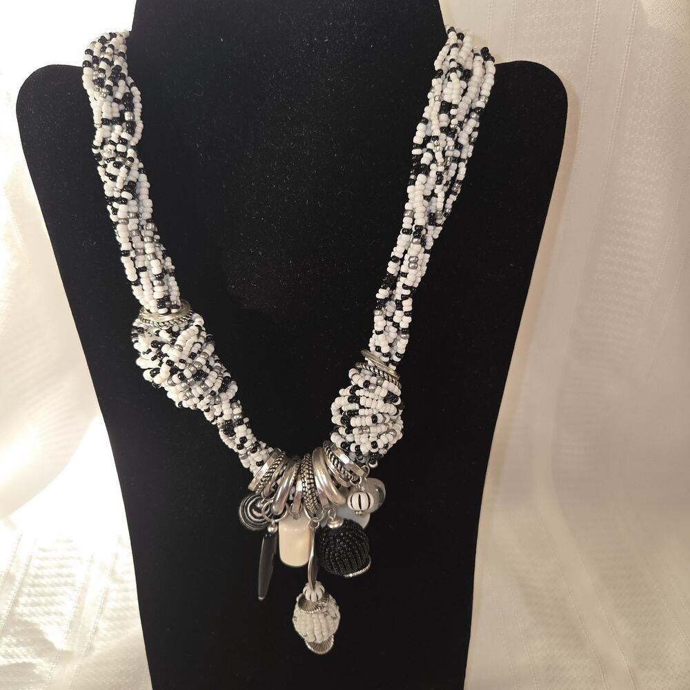 Chicos Black White Beaded Statement Necklace Small beads Costume 20" Indian